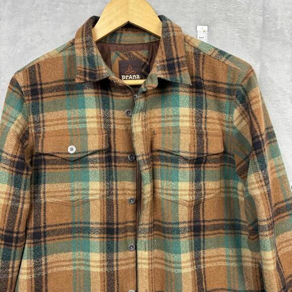prAna Plaid Flannel Shirt Jacket Brown Green Men Sz S Button Front Lined Casual - Picture 3 of 10